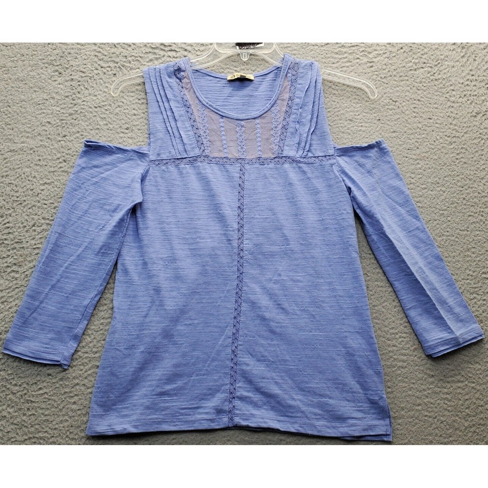 Democracy Blouse Top Womens Medium Blue Lace Trim Polyester Cold Shoulder Sleeve